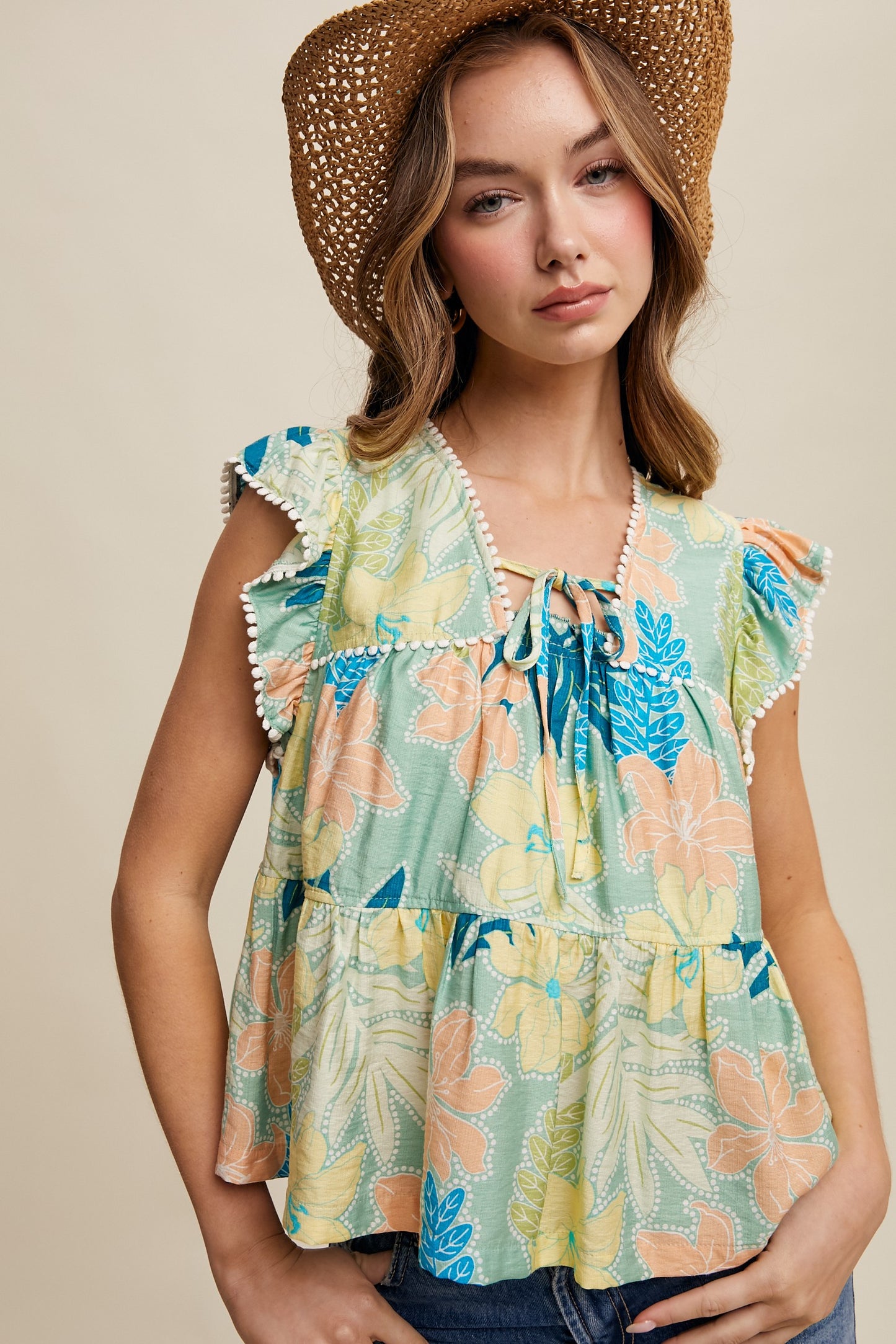 Sage Tropical Bloom Pom-Trim Blouse
