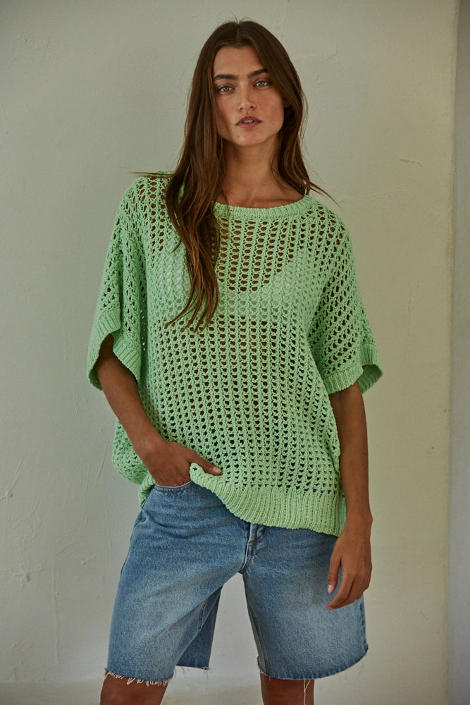 Mint Knit Sweater Cotton Fishnet See Through Pullover Top