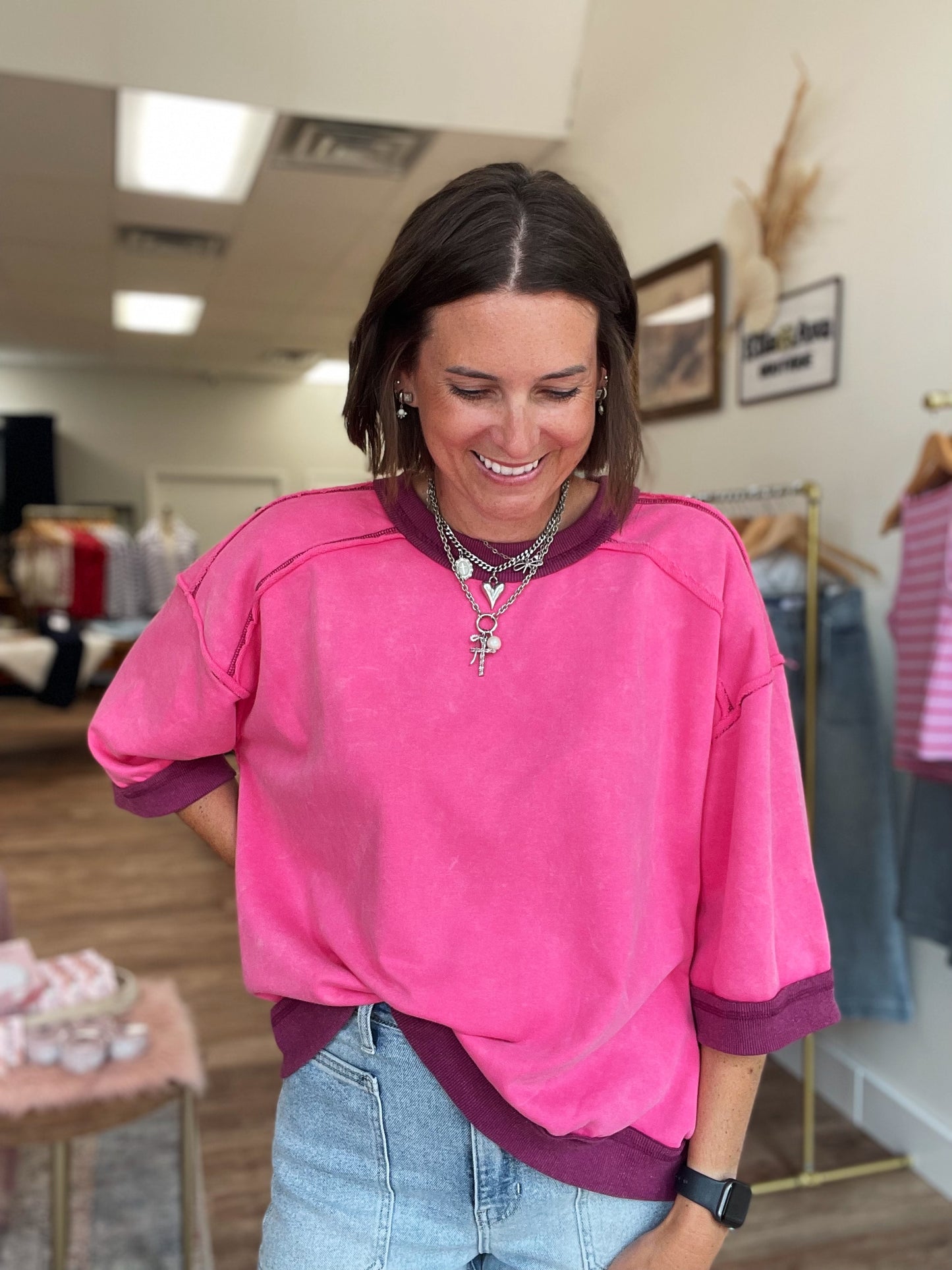 Pink Washed Contrast Trim Boxy Sweatshirt Top