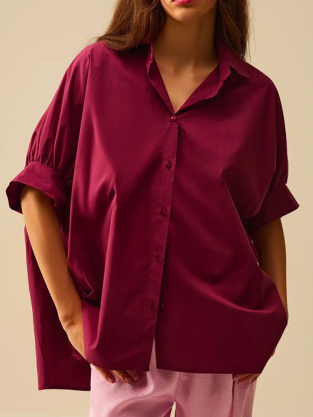 Burgundy Oversized Blouse with Short Sleeve