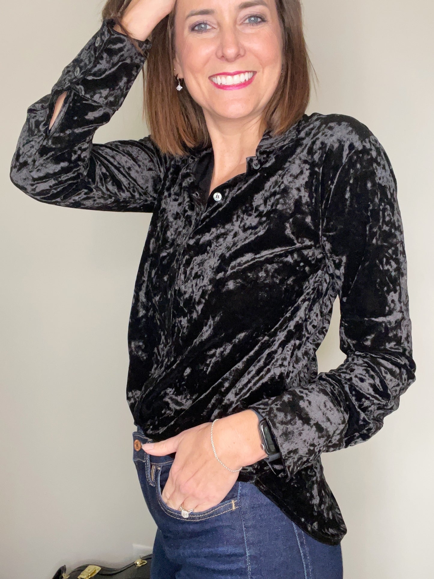 Black Button Down Velvet Shirt