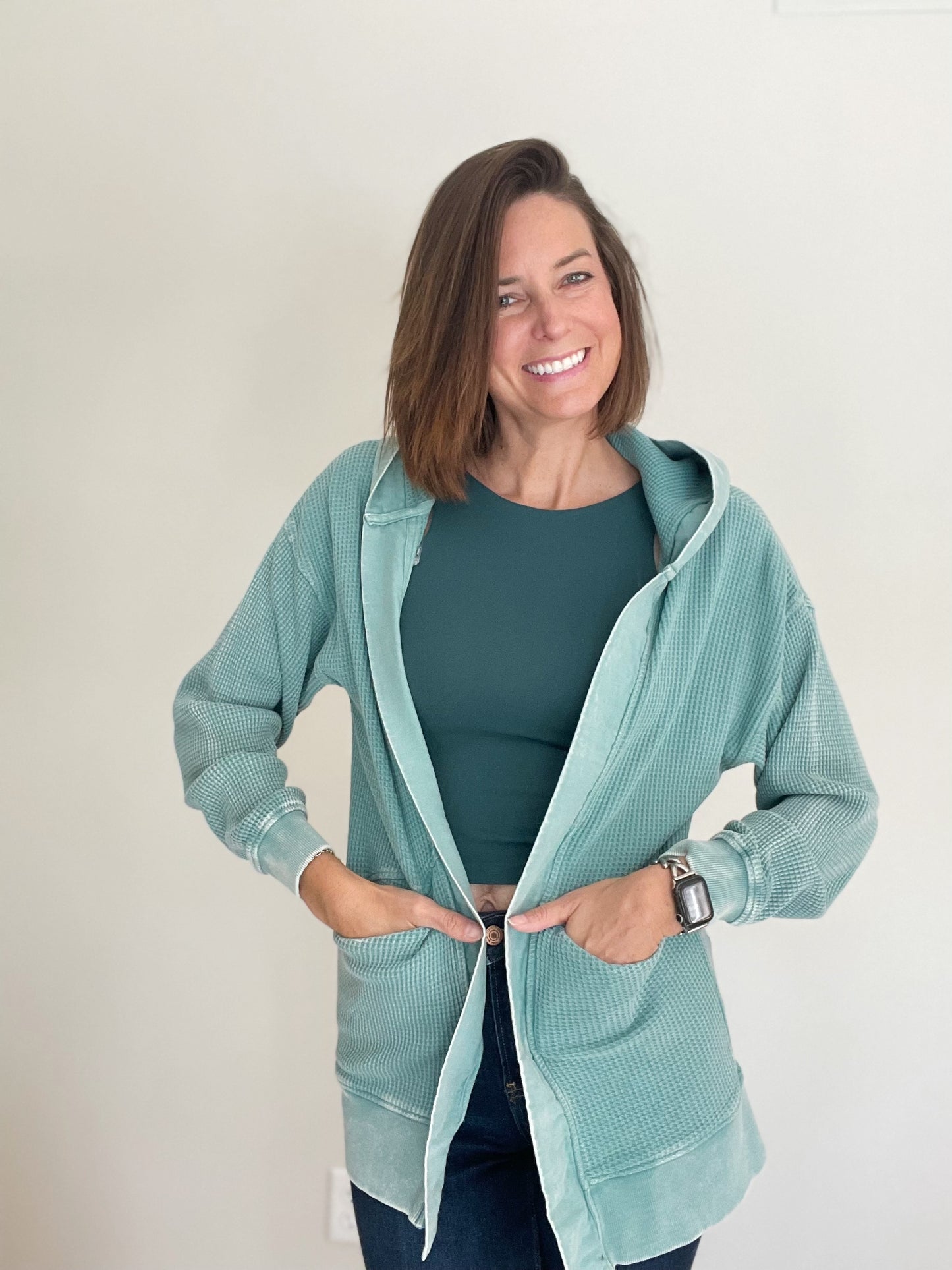 Grey Teal Waffle Knit Mineral Washed Hooded Cardigan
