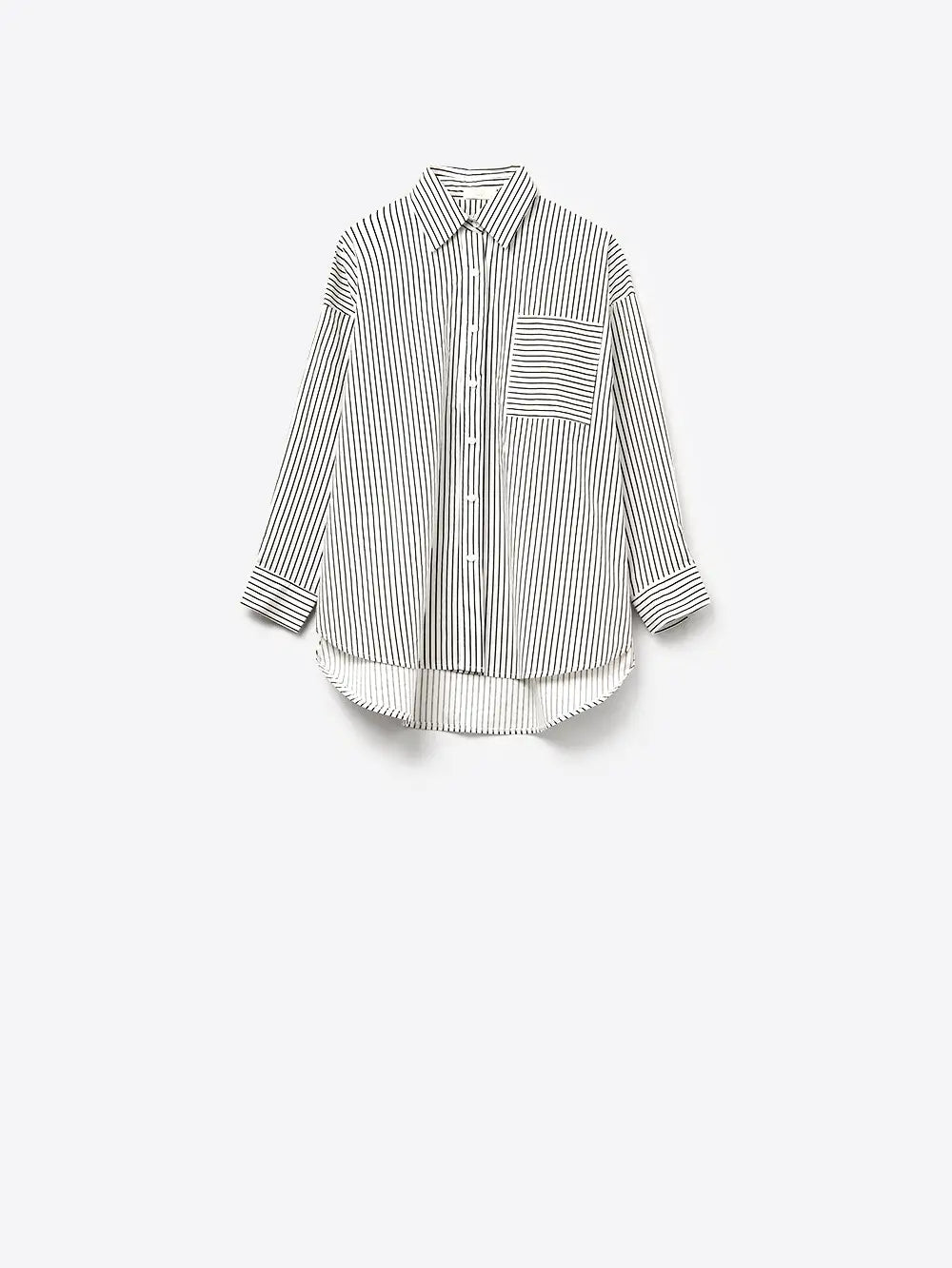 High-Low Oversized Striped Shirt with Chest Pocket in Black and White