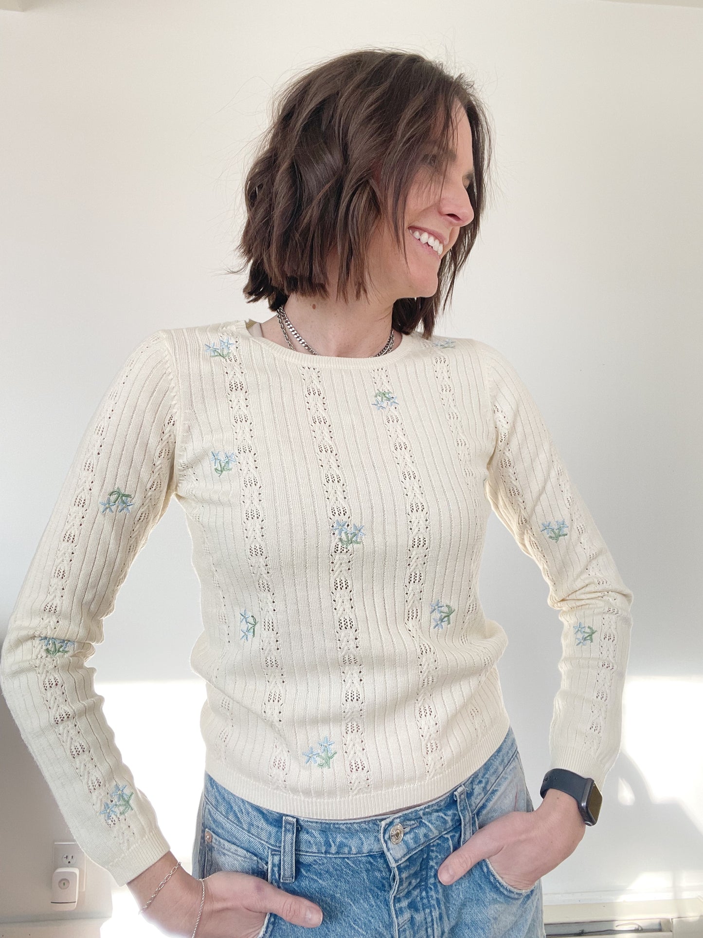 Round Neck Long Sleeve Pointelle Floral Embroidery Knit Top