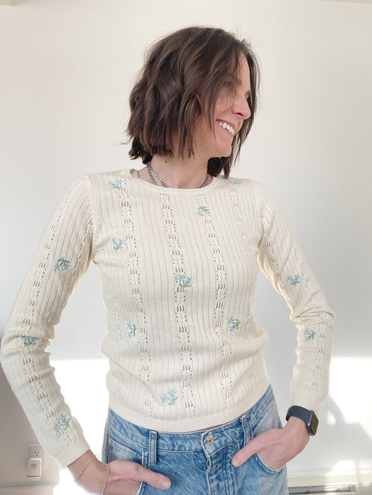 Round Neck Long Sleeve Pointelle Floral Embroidery Knit Top