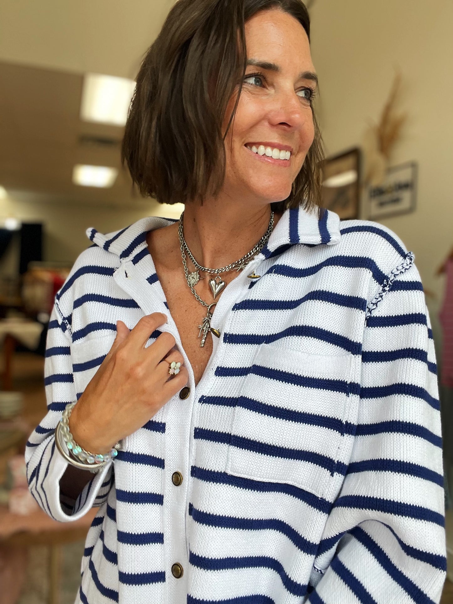White and Navy Stripe Cardigan
