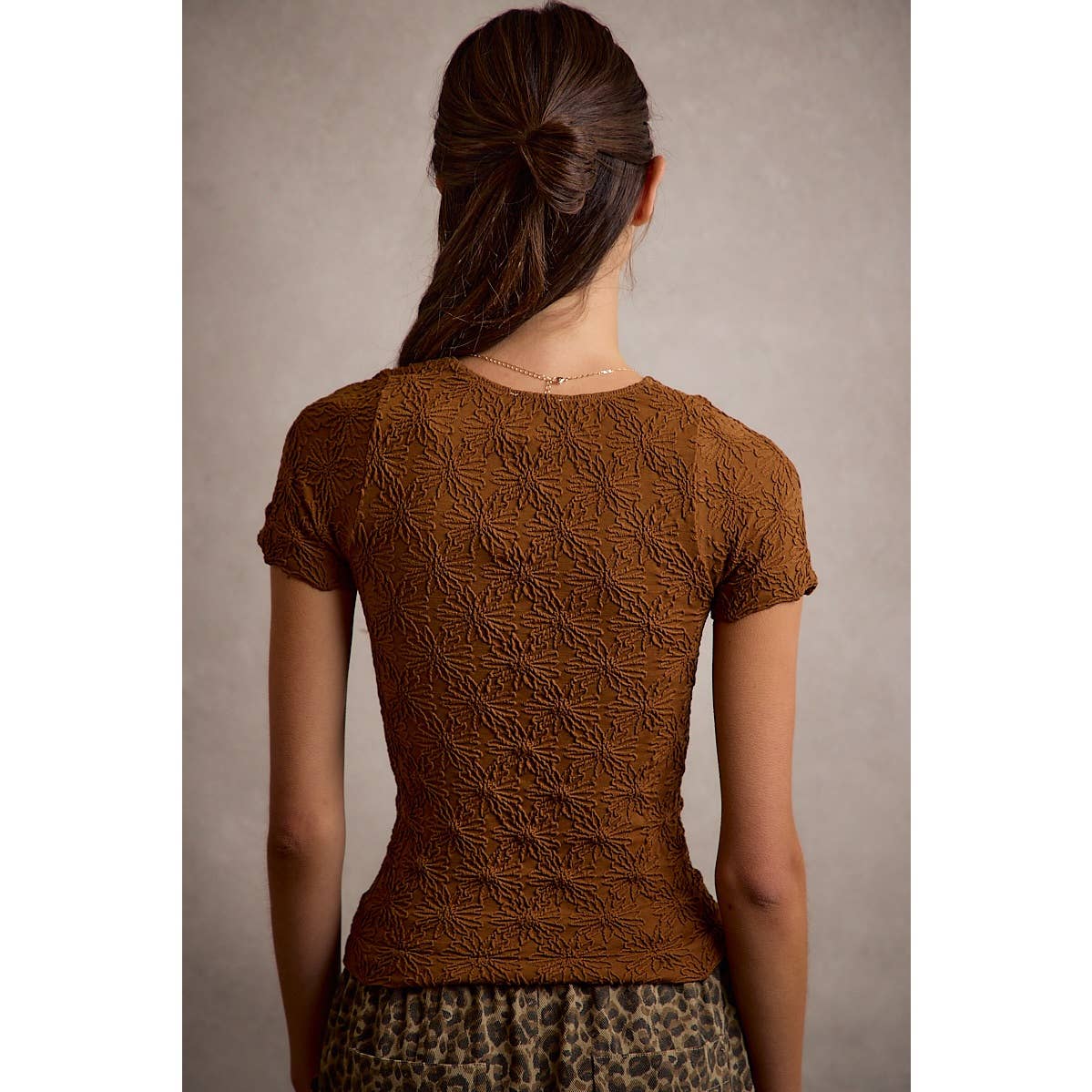 Brown Floral Pattern Textured Top