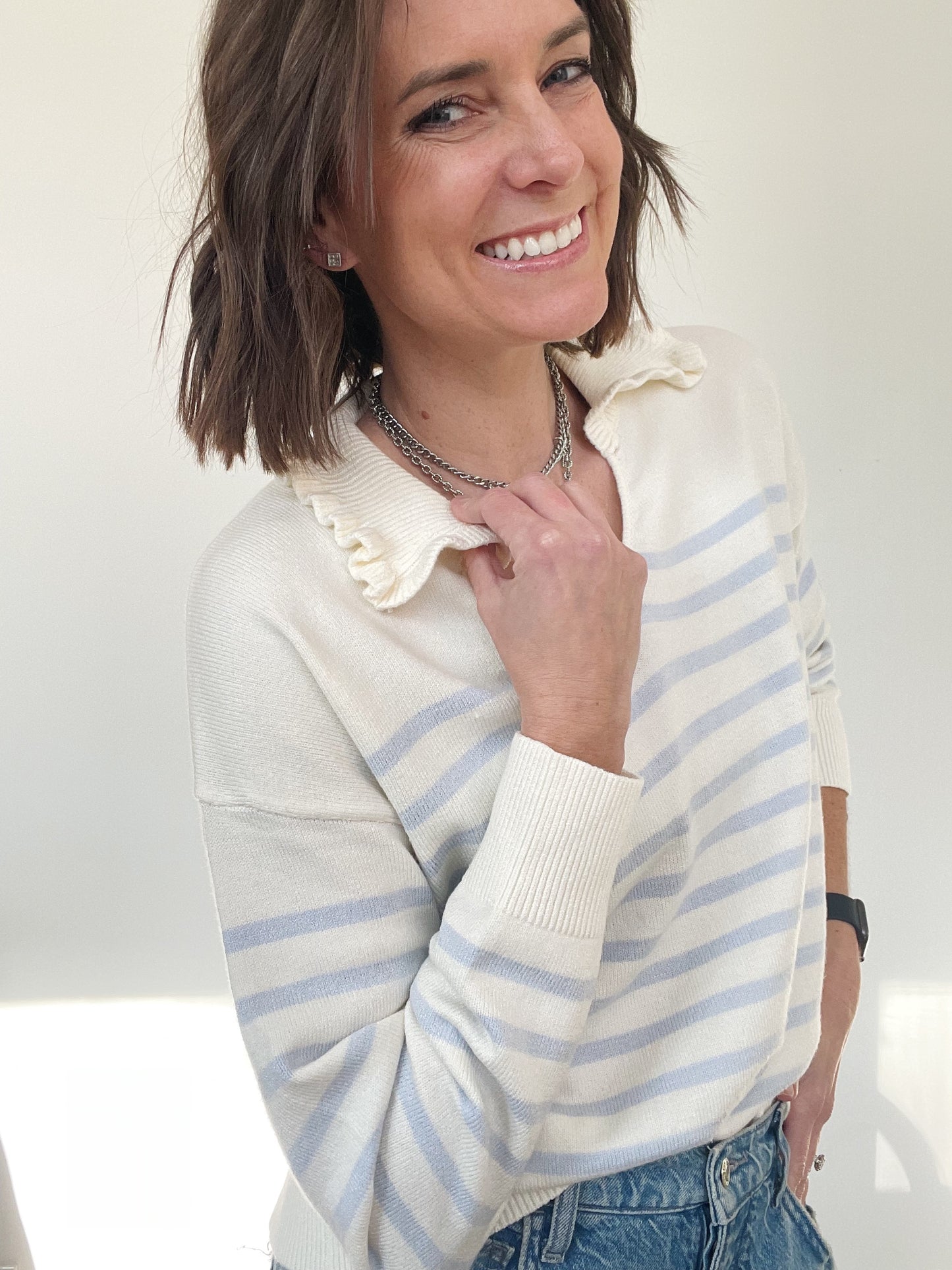Ruffle Collar Long Sleeve Stripped Sweater