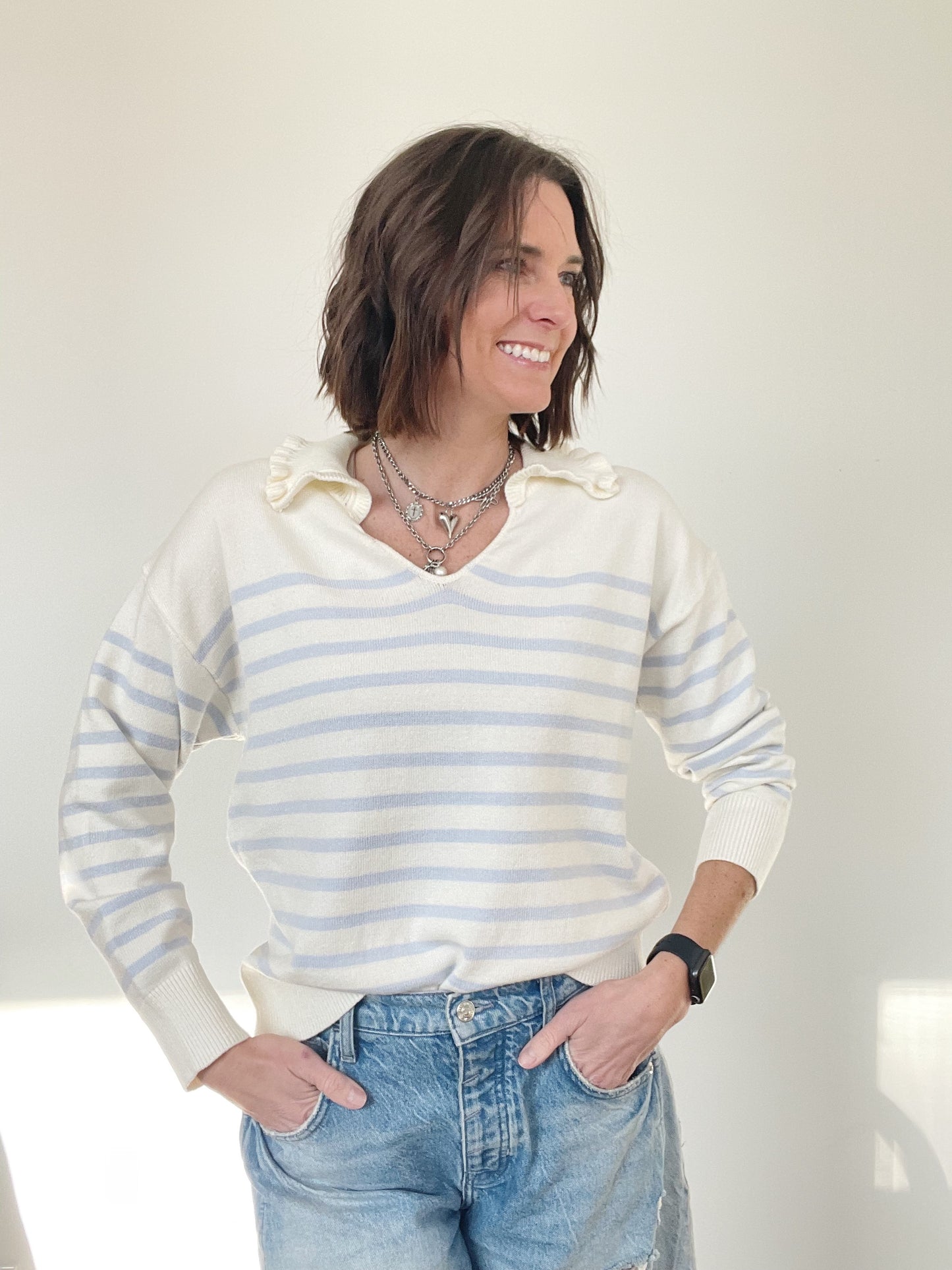 Ruffle Collar Long Sleeve Stripped Sweater