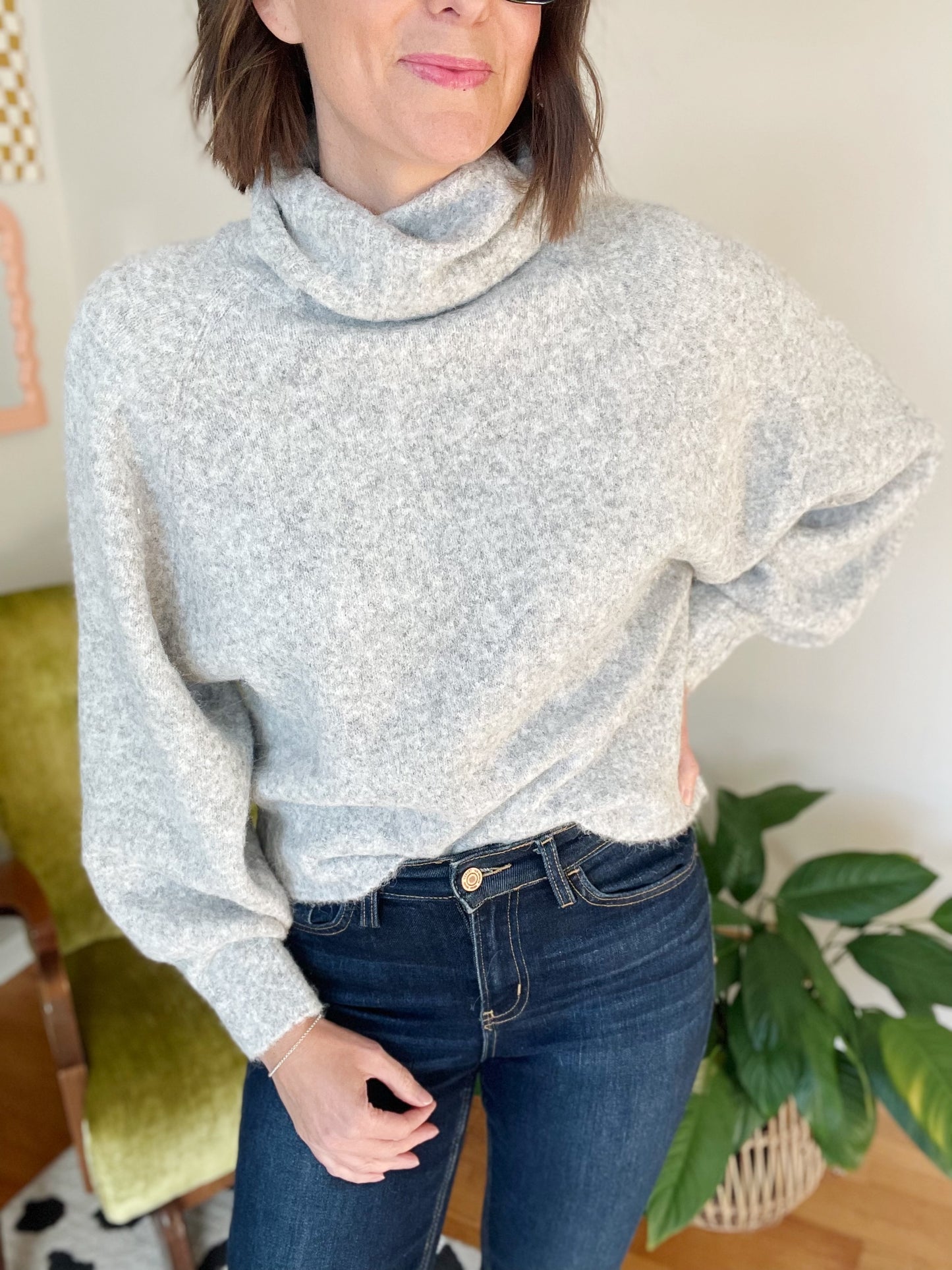 Grey Turtleneck Knit Sweater