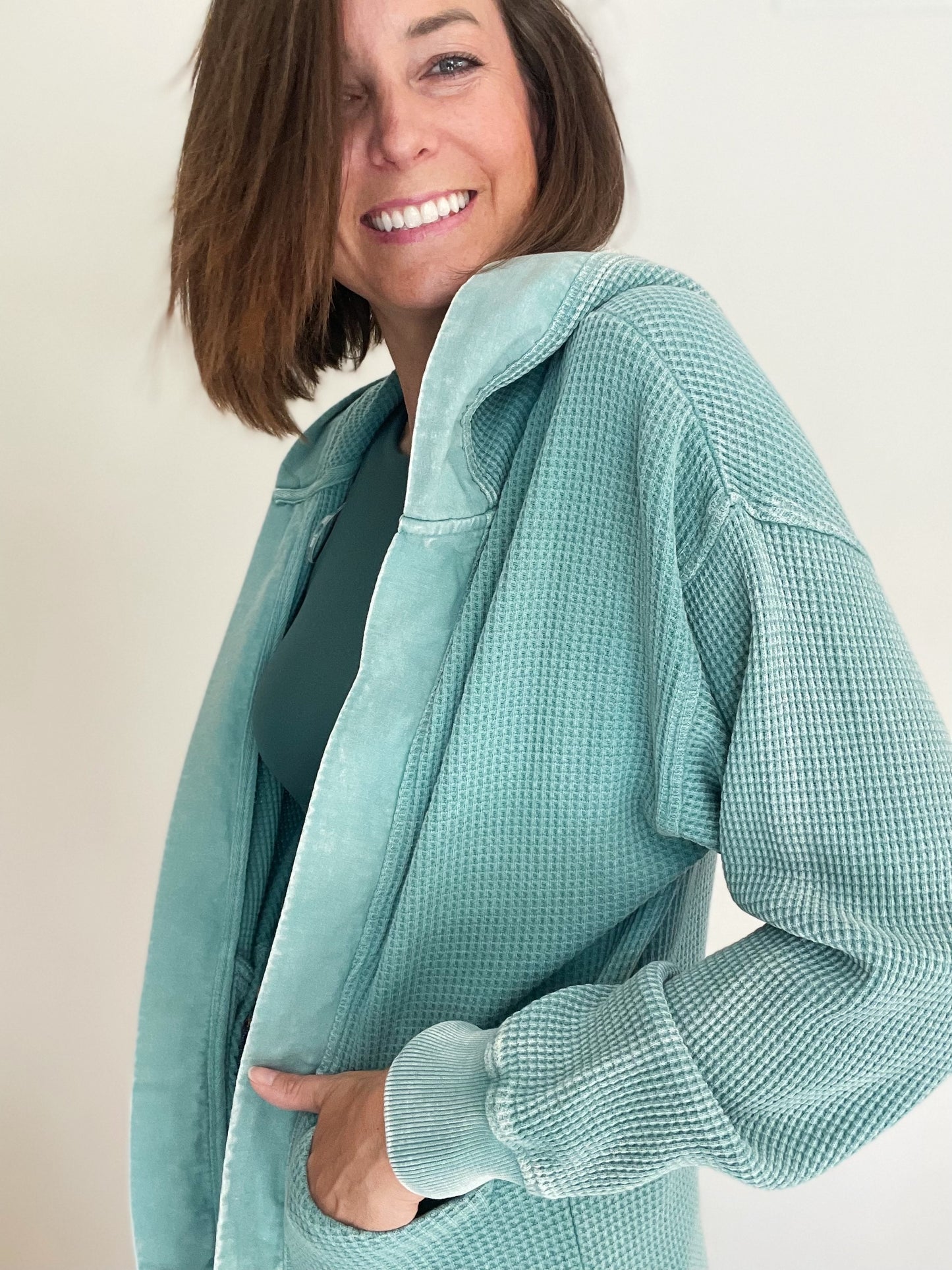 Grey Teal Waffle Knit Mineral Washed Hooded Cardigan