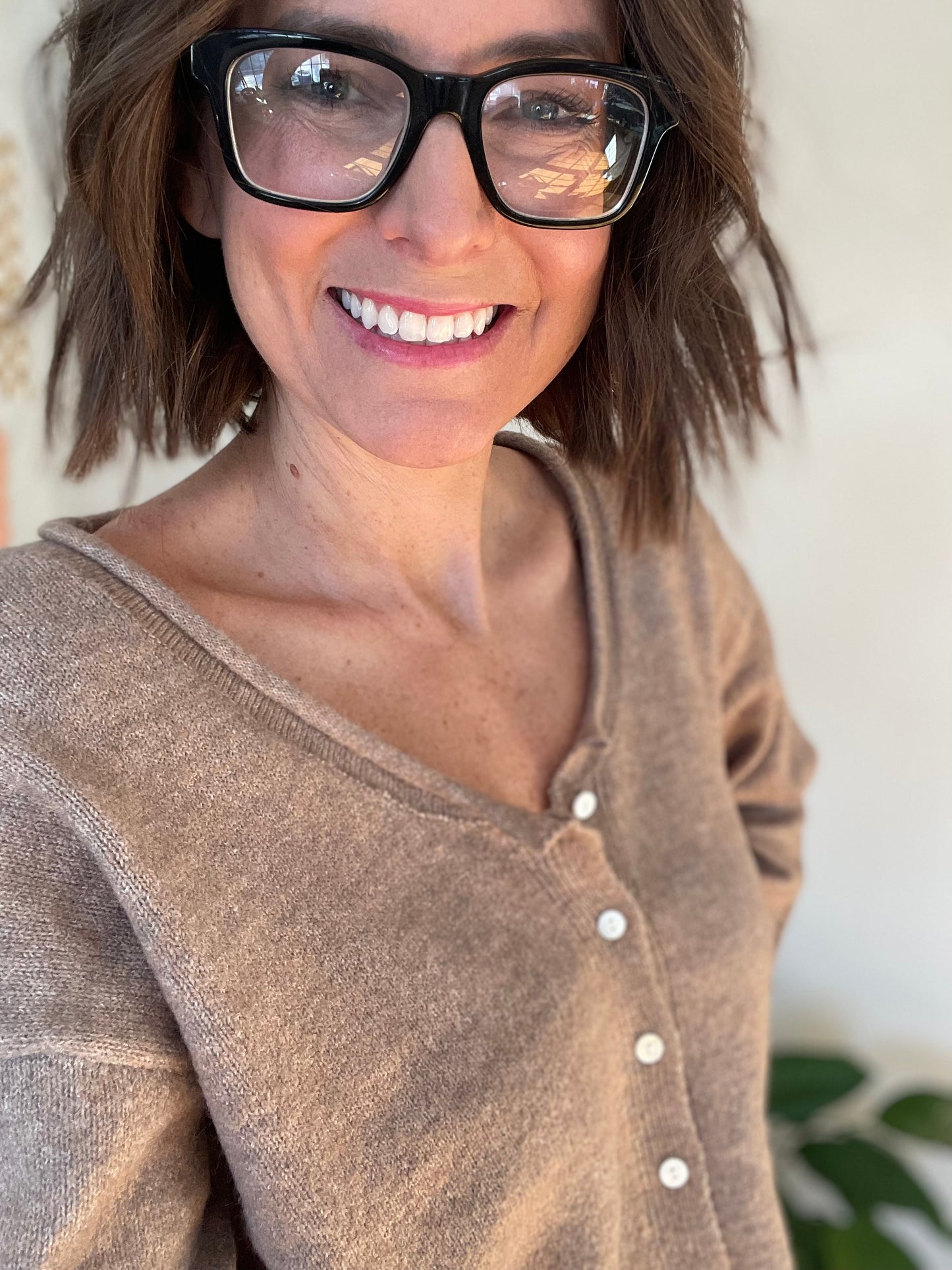 Mocha Knit Cardigan with Rolled V-neck