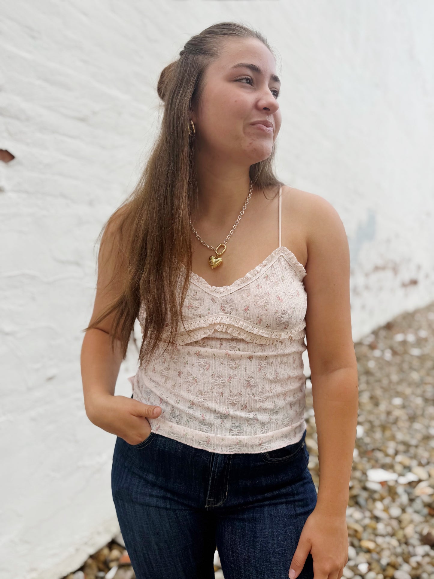 Pink Floral Tank Top with Lace Trim