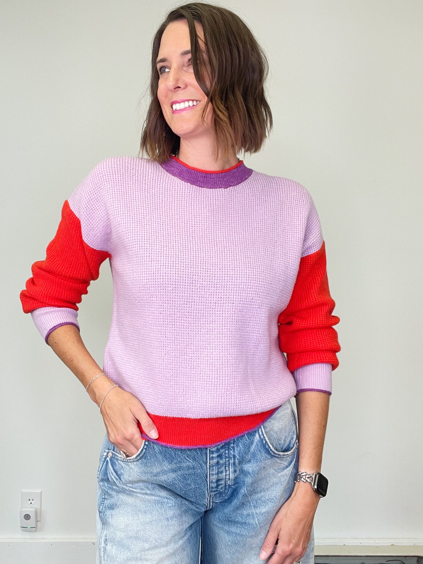 Lilac and Scarlet Color Block Knit Sweater