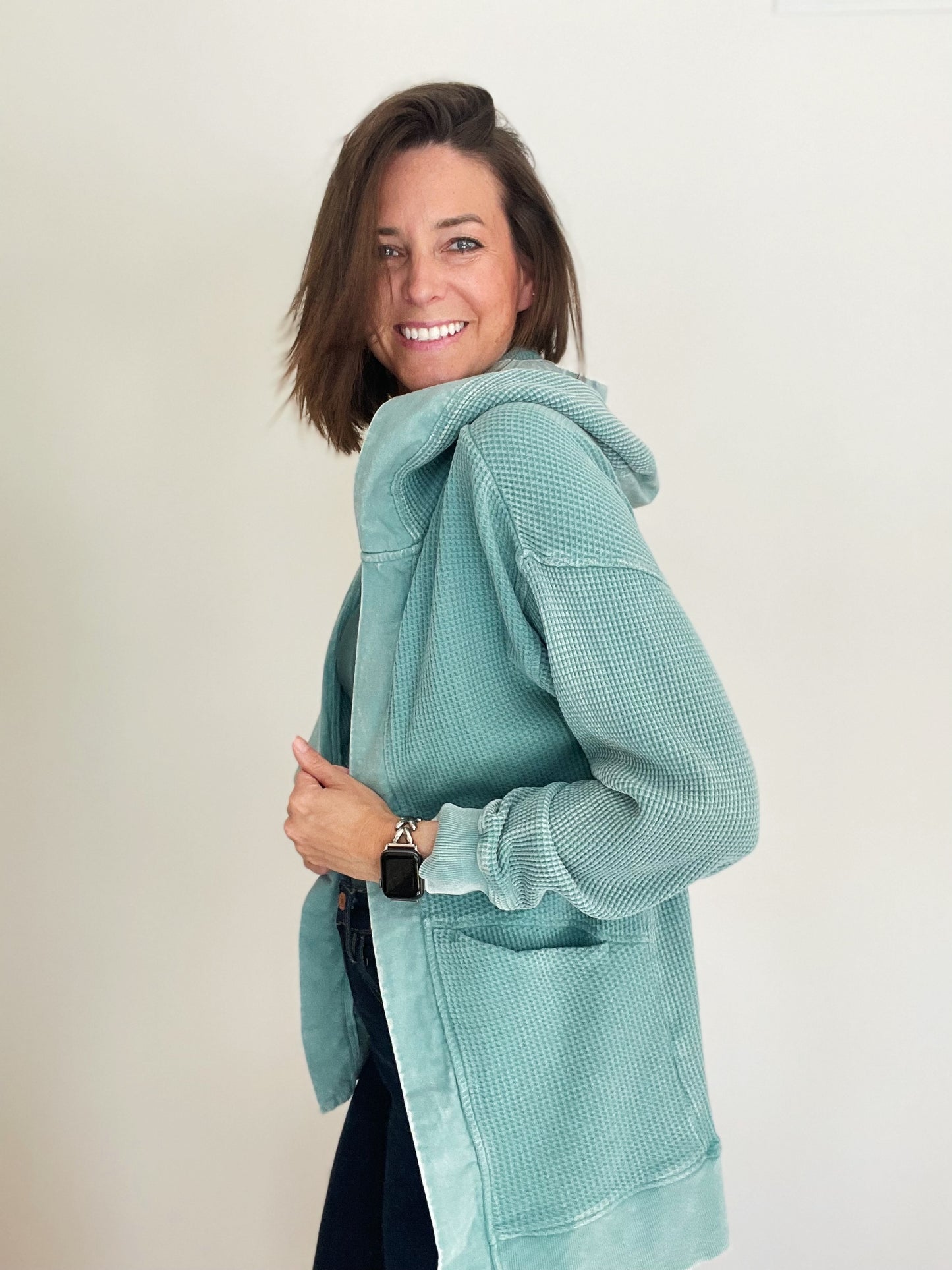 Grey Teal Waffle Knit Mineral Washed Hooded Cardigan