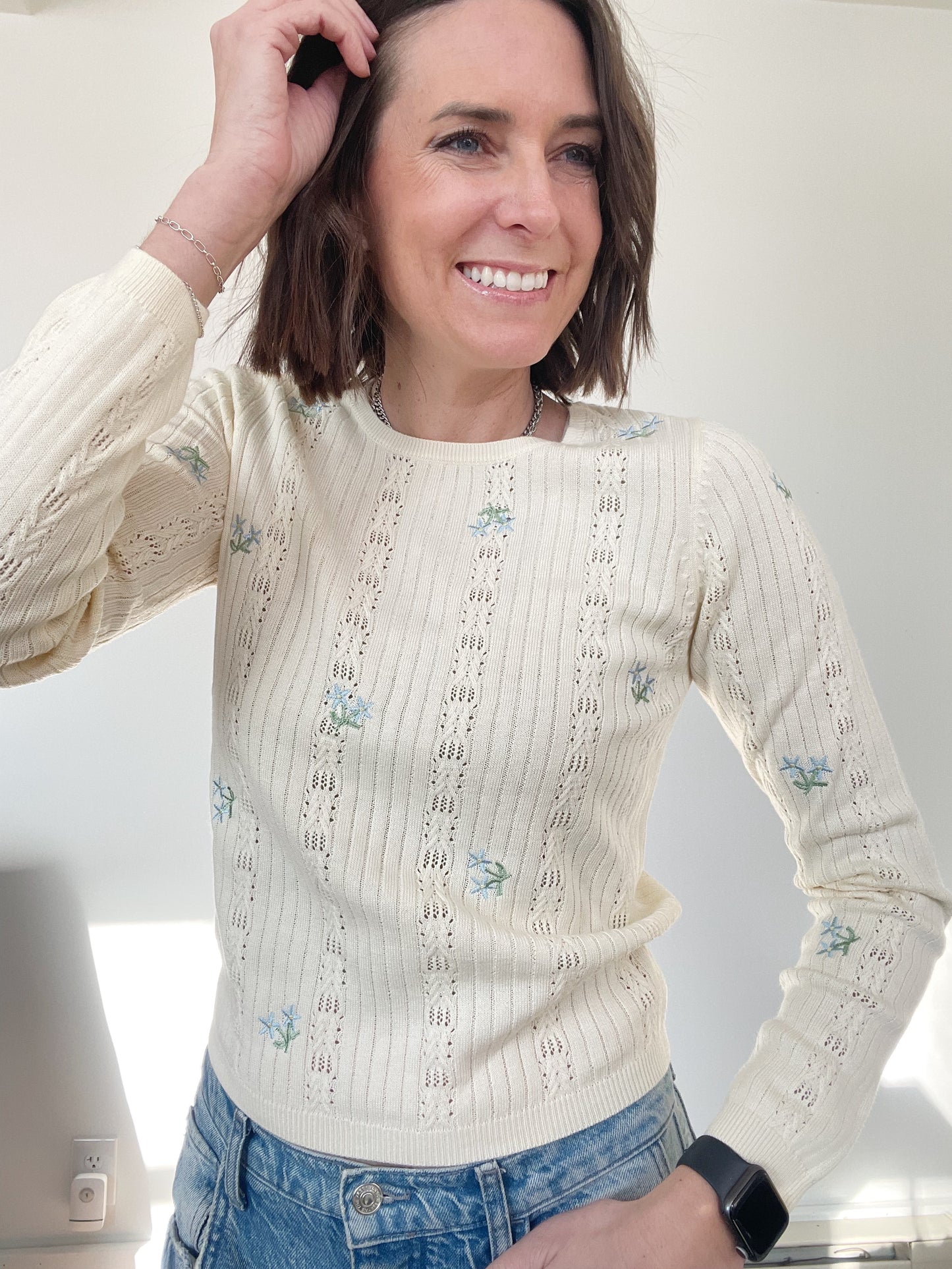 Round Neck Long Sleeve Pointelle Floral Embroidery Knit Top