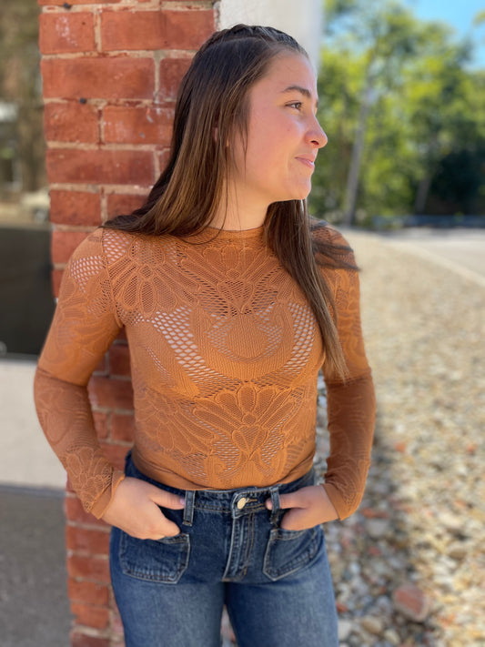 Golden Granola Knit Seamless Jacquard Mock Neck Long Sleeve Top