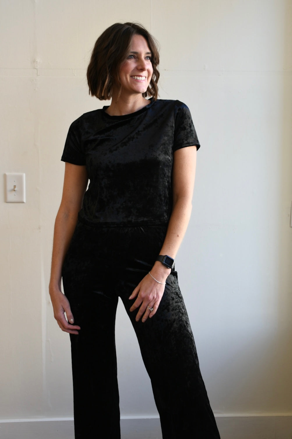 Black Velvet Short Sleeve Crew Neck Top