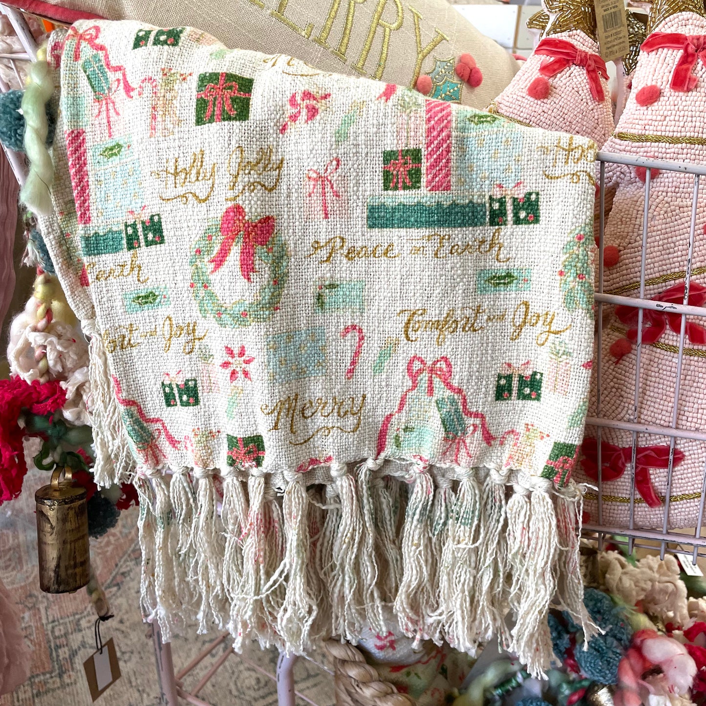 Cotton Slub Printed Throw with Holiday Pattern and Fringe