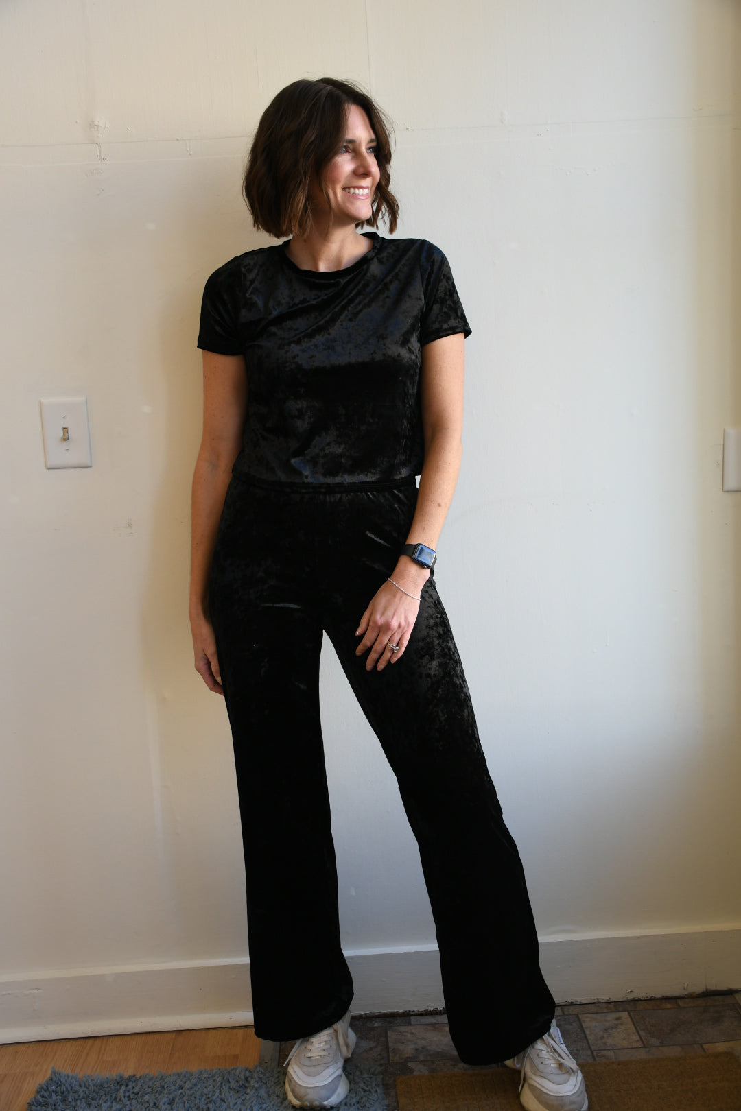 Black Velvet Elastic Waistband Wide Leg Pants