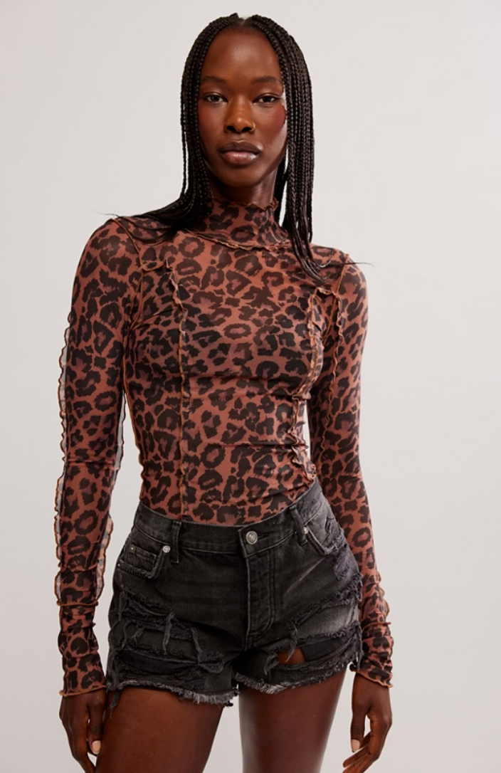 Free People Charlie Printed Mesh Top in Cat's Meow Print