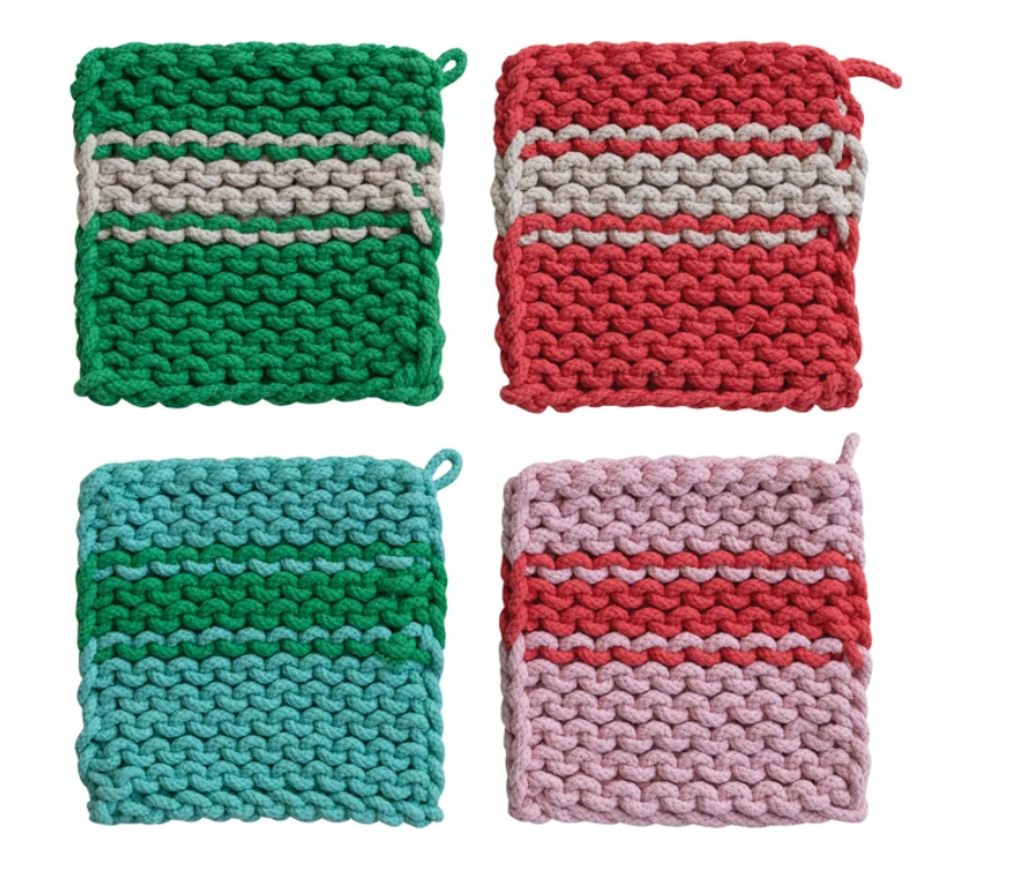 Cotton Crocheted Pot Holder with Stripe, 4 Colors