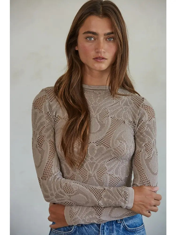 Ash Mauve Knit Seamless Jacquard Mock Neck Long Sleeve Top