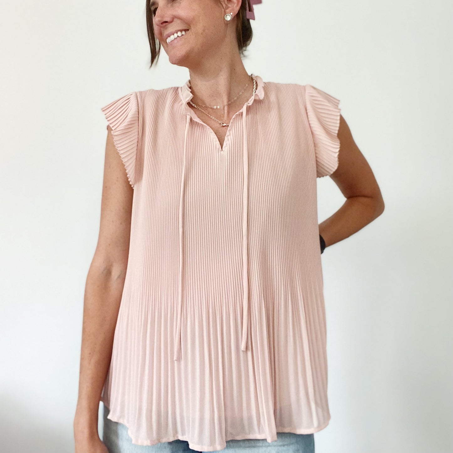 Pink Tie Front Pleated Top