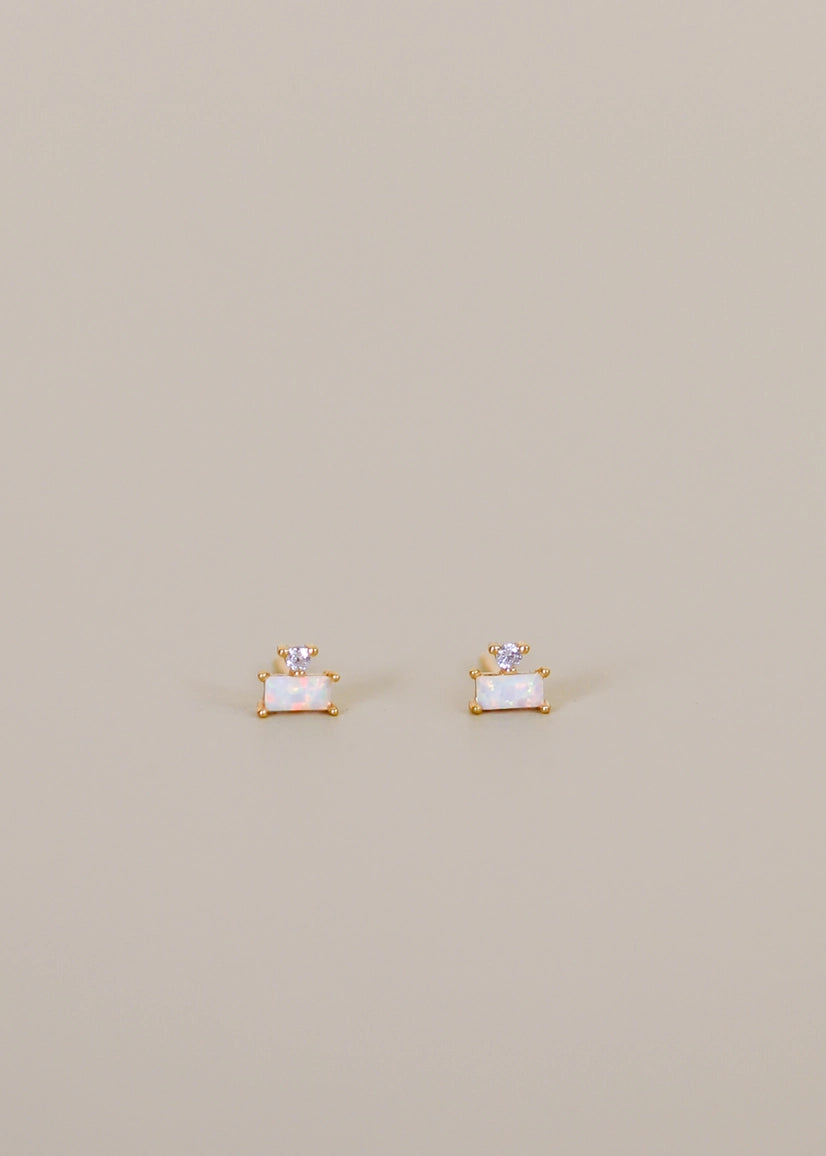 Double Stud Stack Gold Earrings - Opal White