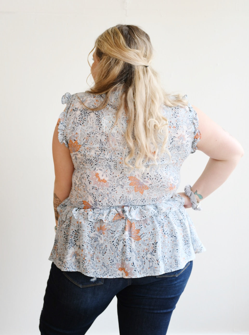 Plus Size Blue and Orange Floral Sleeveless Blouse
