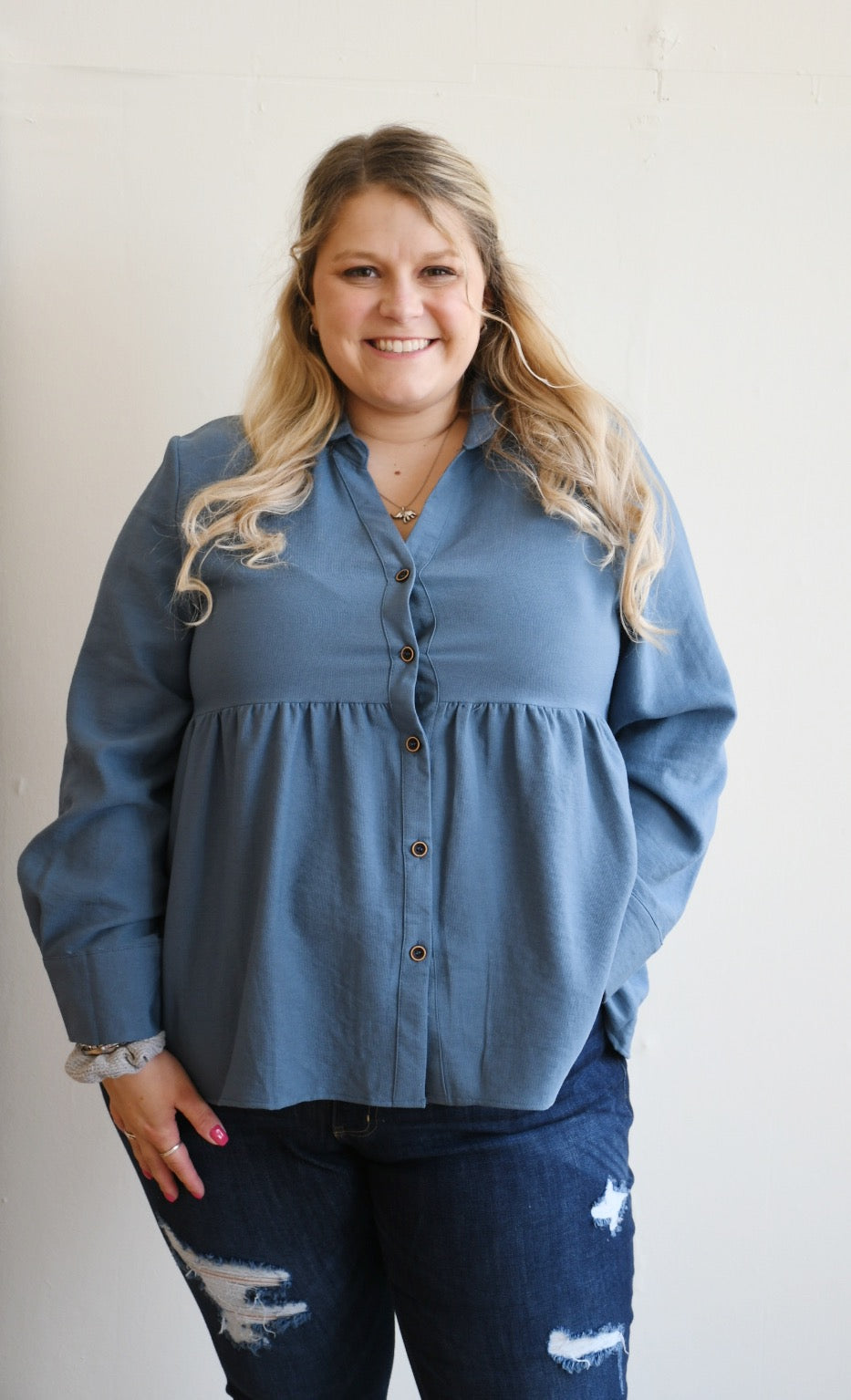 Plus Size Babydoll Button Down Collared Top