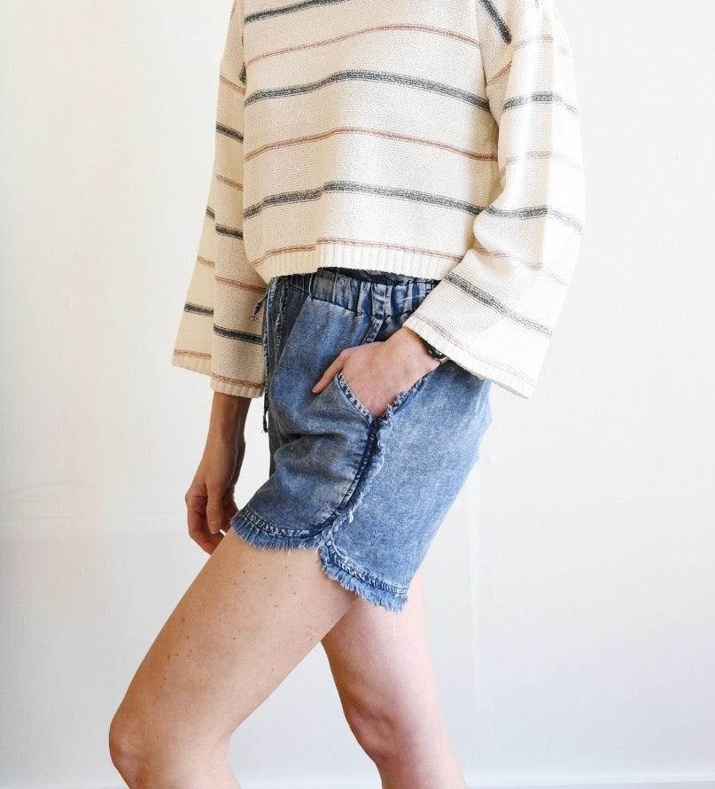 Denim Blue Frilled Paperbag Shorts