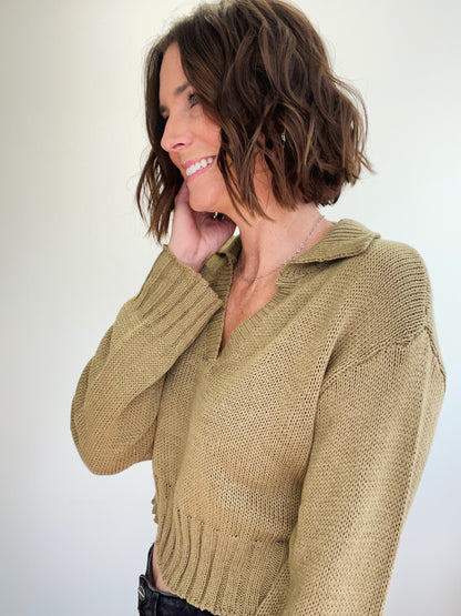 Olive Cropped Shirt Collar Sweater