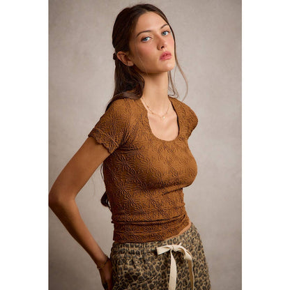 Brown Floral Pattern Textured Top