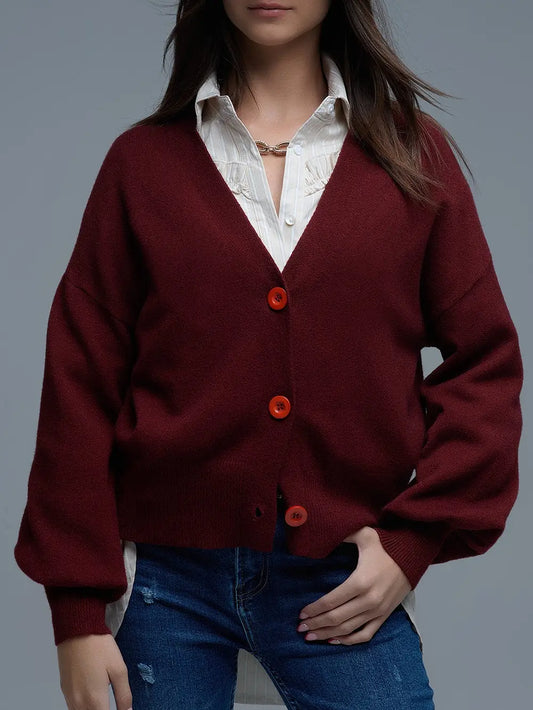 Basic V-Neck Cardigan with Long Sleeve in Burgundy