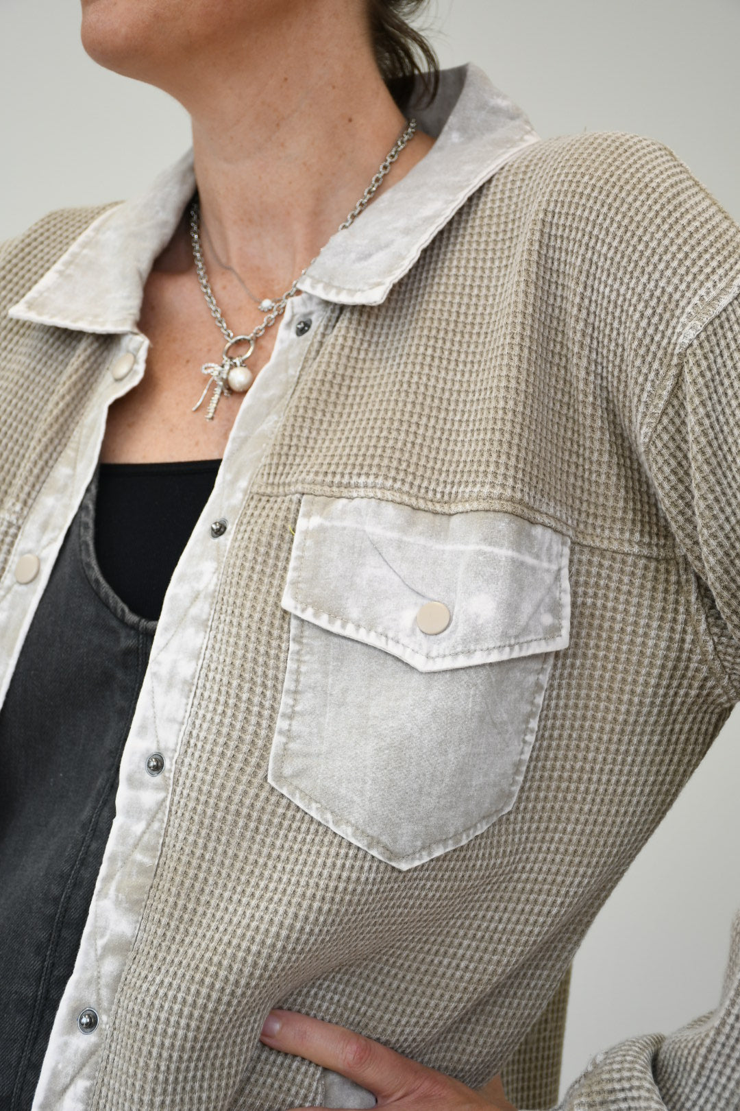 Smoky Taupe Waffle Knit Mineral Wash Button Down Jacket