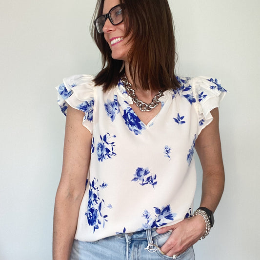 Blue Floral Blouse with Flutter Sleeve