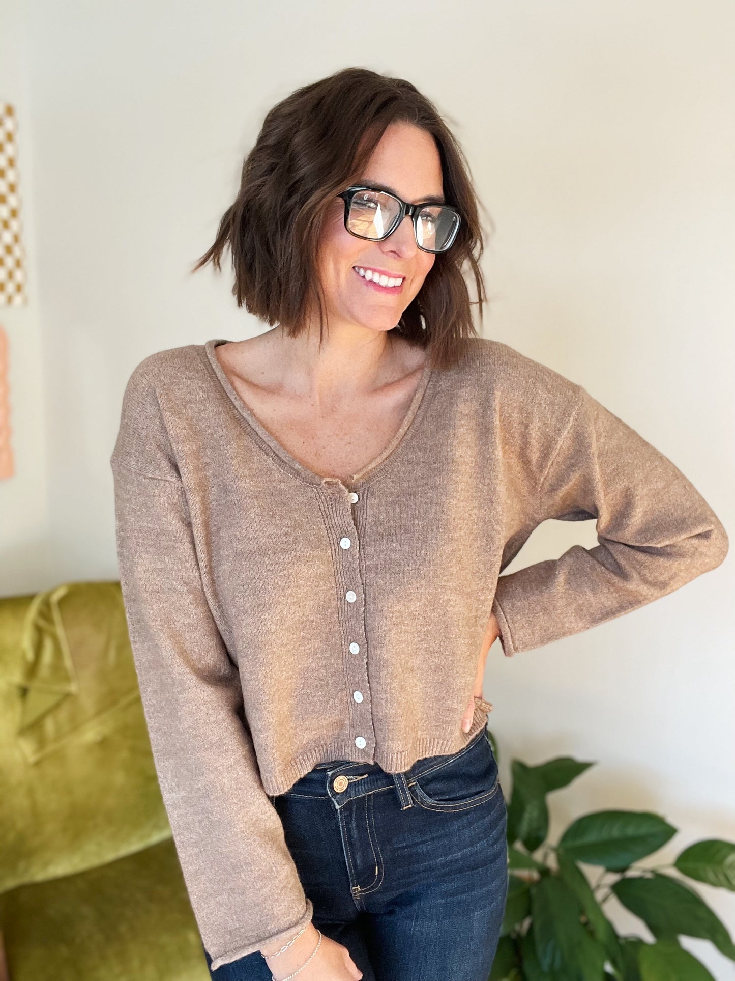 Mocha Knit Cardigan with Rolled V-neck