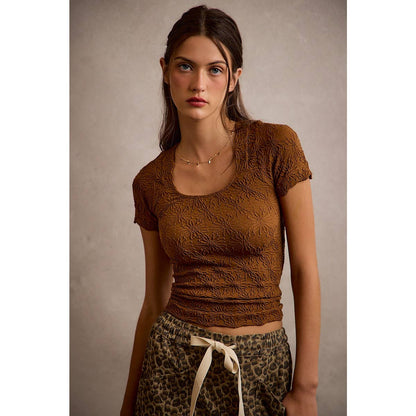 Brown Floral Pattern Textured Top