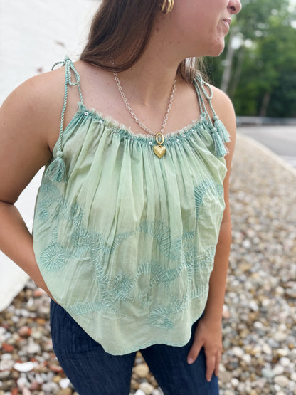Sage Tassle Tie Tank Top