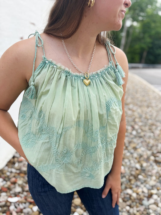Sage Tassle Tie Tank Top