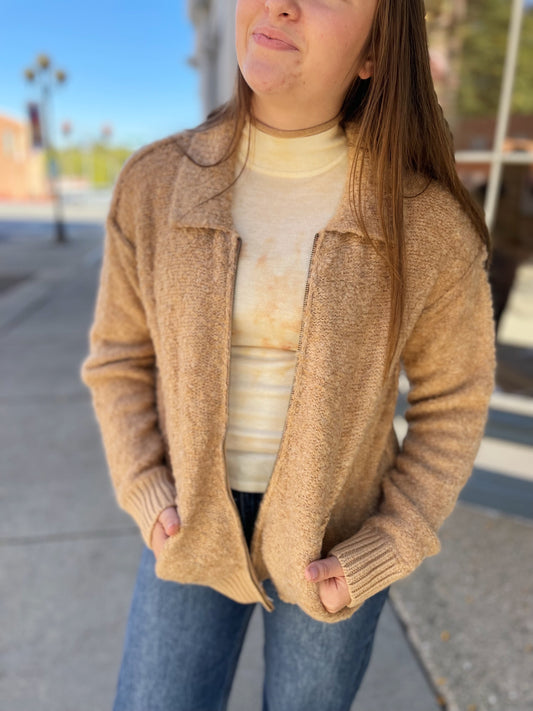 Latte Zip Front Cardigan