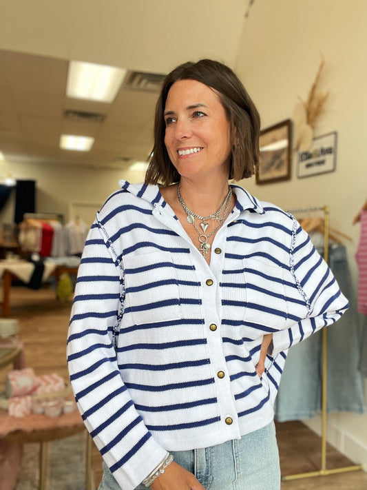 White and Navy Stripe Cardigan