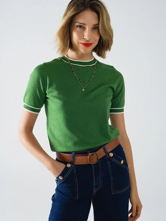 Green Short Sleeve Sweater with White Line Detail