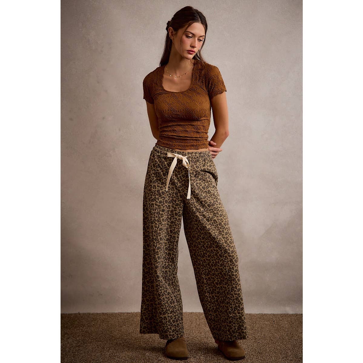 Brown Floral Pattern Textured Top