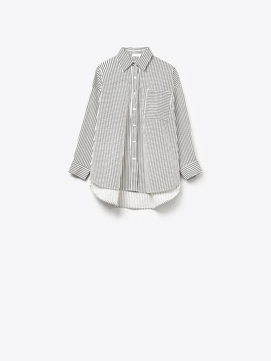 High-Low Oversized Striped Shirt with Chest Pocket in Black and White