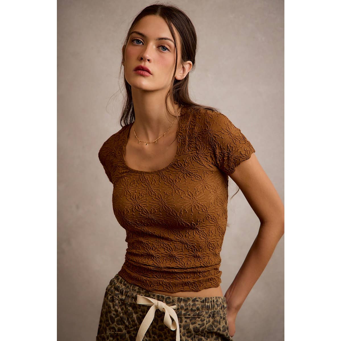 Brown Floral Pattern Textured Top