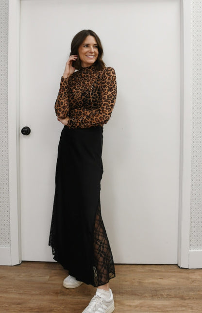 Black Lace Trimmed Mid-Rise Satin Midi Skirt