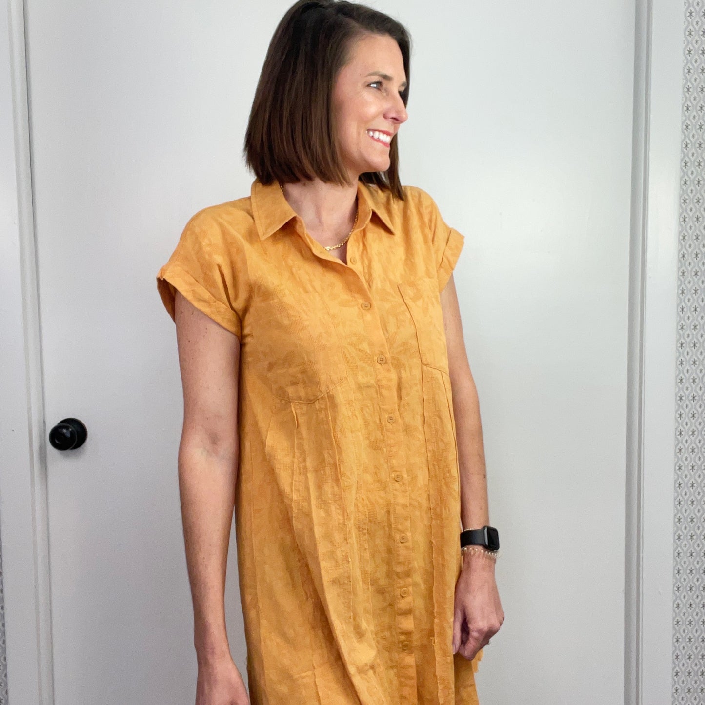 Marigold Textured Gauze Rolled Sleeve Dress