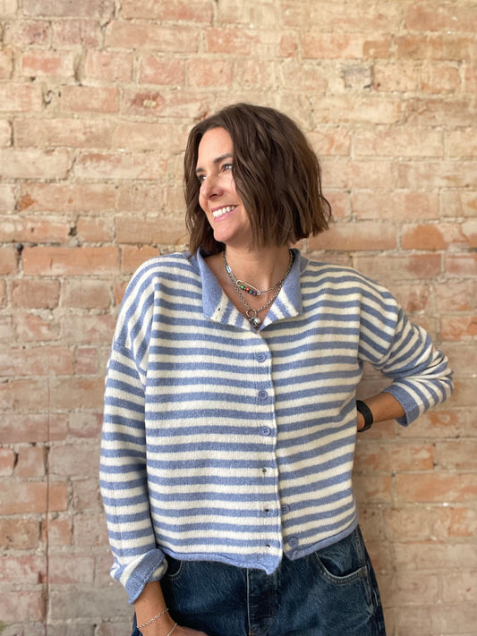 Blue and Ivory Knit Sweater Striped Buttondown Cardigan Top
